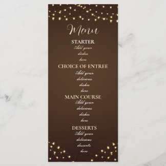 Elegante braune und goldene Lichterketten-Hochzeit Menükarte