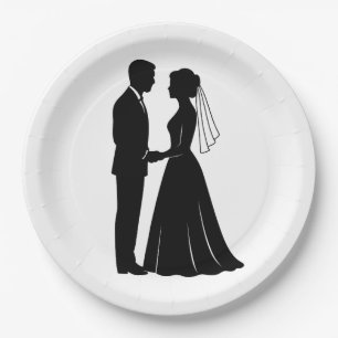 Elegante Braut Bräutigam Silhouette Schwarz Weiß Pappteller