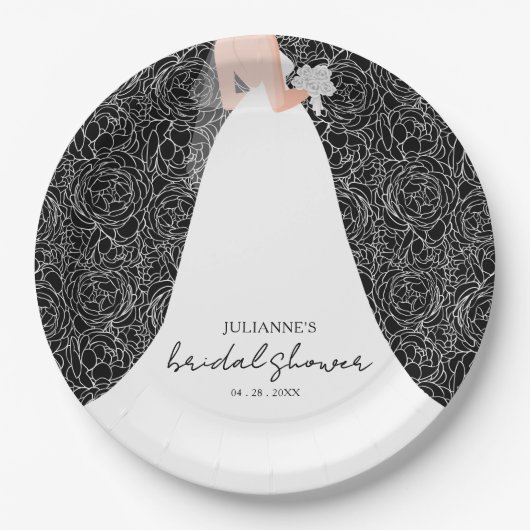 Elegante Braut im Schwarzen Brautparty Pappteller (Vorderseite)