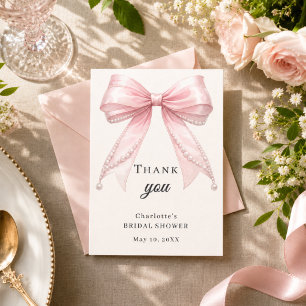 Elegante Braut-Shower-Schleife in Rosa mit Perlen Dankeskarte