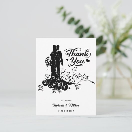 Elegante Braut und Groom Hochzeit Silhouette Dankeskarte (Stehend Vorderseite)