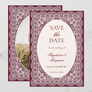 Elegante Brautmode aus Elfenbein und burgunderrote Save The Date