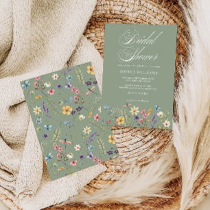 Elegante Brautparty mit grünen Wildblumen Einladung