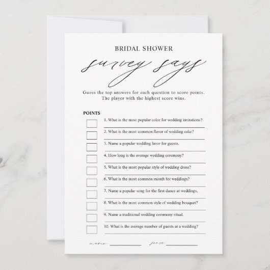 Elegante Brautparty Survey: Spielkarte Einladung (Vorderseite)