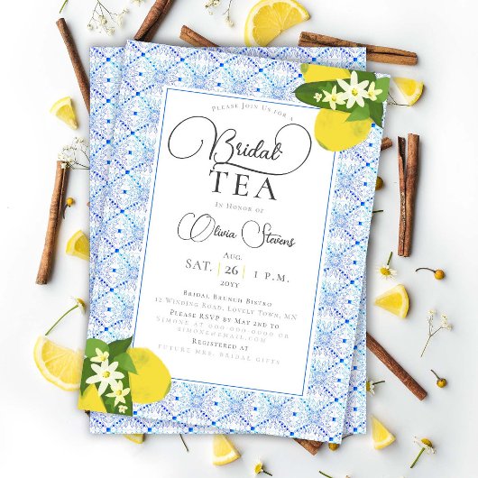 Elegante Bridal Tea Party Lemons Blue Tiles Dusche Einladung
