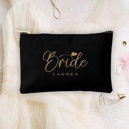 Elegante Bride Black & Gold Script Namensgeschenk Zubehörtasche