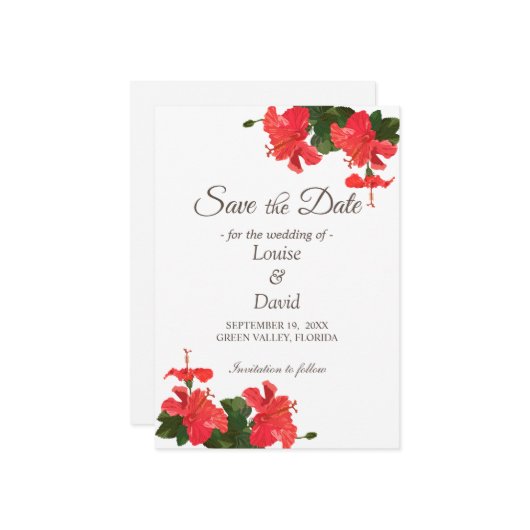 Elegante Bright Hibisken Save the Date Karte (Vorderseite/Rückseite Beispiel)