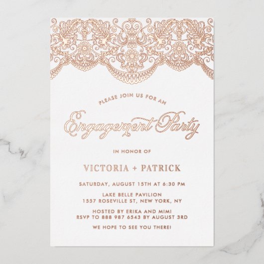 Elegante Brocade Lace Rose Gold Engagement Party Folieneinladung (Vorderseite)