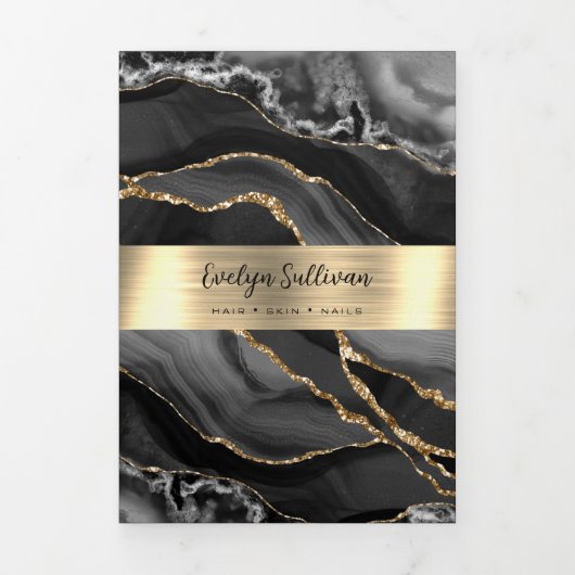 Elegante Broschüre Black and Gold Agate Trifold (Cover)