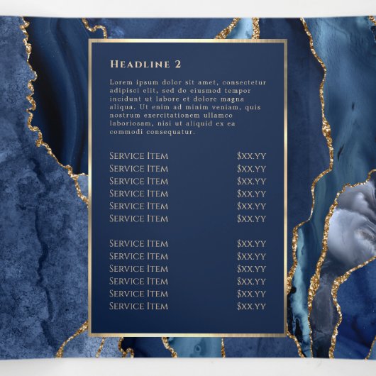Elegante Broschüre Blue and Gold Agate Trifold (Innenseite Mitte)