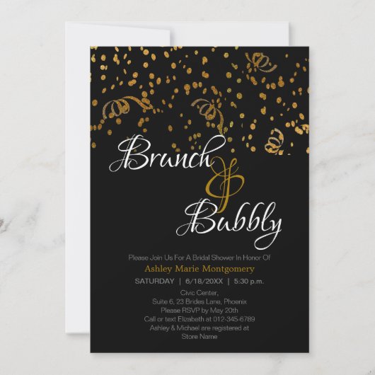 Elegante Brunch Bubbly Brautparty Gold Confetti Einladung (Vorderseite)