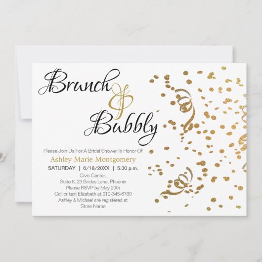 Elegante Brunch Bubbly Brautparty Gold Confetti Einladung (Vorderseite)