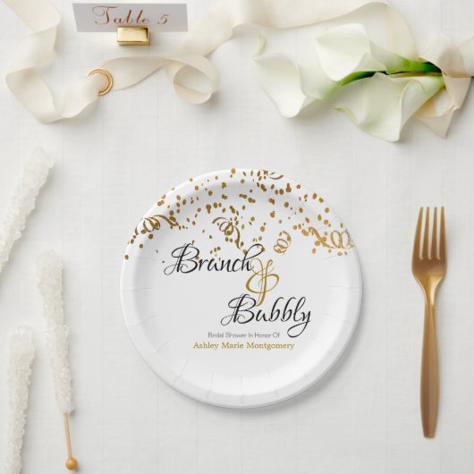 Elegante Brunch Bubbly Brautparty Gold Confetti Pappteller (Hochzeit)