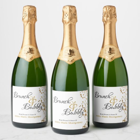 Elegante Brunch Bubbly Brautparty Gold Confetti Schaumweinetikett (Flaschen)