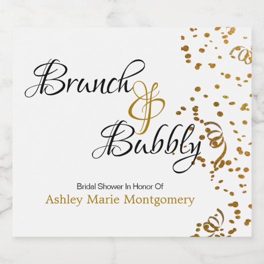 Elegante Brunch Bubbly Brautparty Gold Confetti Schaumweinetikett (Einzelnes Label)