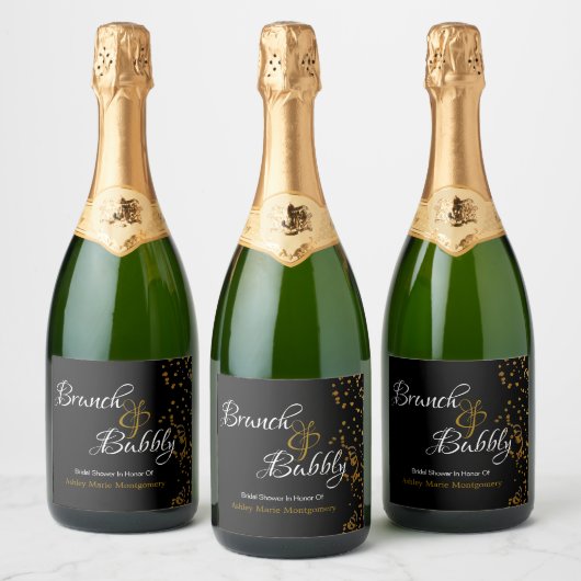 Elegante Brunch Bubbly Brautparty Gold Confetti Schaumweinetikett (Flaschen)