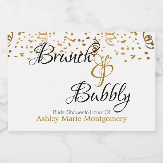 Elegante Brunch Bubbly Brautparty Gold Confetti Schaumweinetikett (Einzelnes Label)
