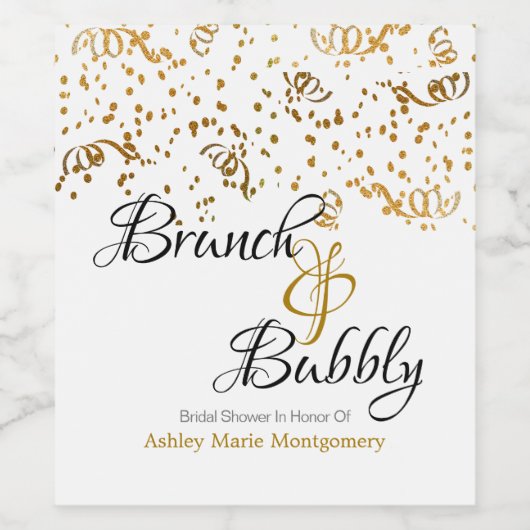 Elegante Brunch Bubbly Brautparty Gold Confetti Weinetikett (Einzelnes Label)
