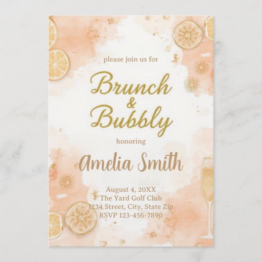 Elegante Brunch- & Bubbly-Einladung – Pfirsich Einladung (Vorderseite)