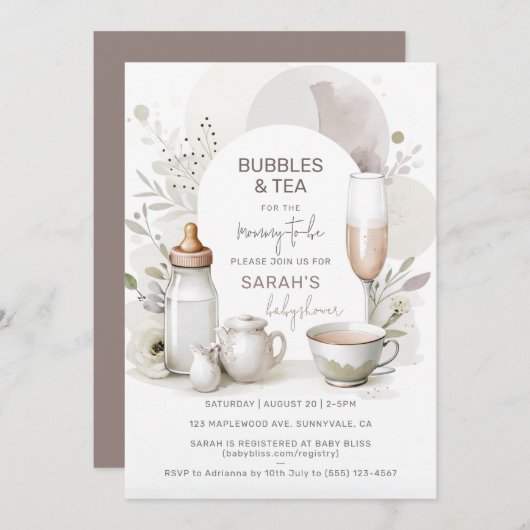 Elegante Bubbles & Tea Baby Dusche Einladung (Vorne/Hinten)