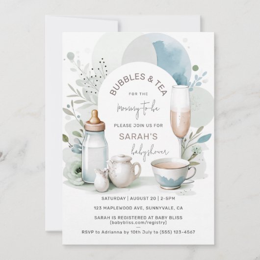 Elegante Bubbles und Tea Baby Shower Green Einladung (Vorderseite)