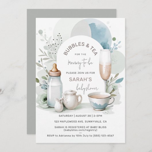 Elegante Bubbles und Tea Baby Shower Green Einladung (Vorne/Hinten)