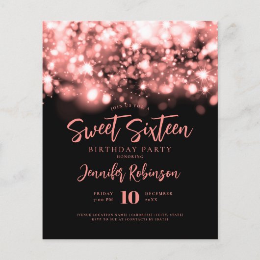Elegante Budget Rose Gold Sparkle Sweet 16 Einladu Flyer (Vorne)