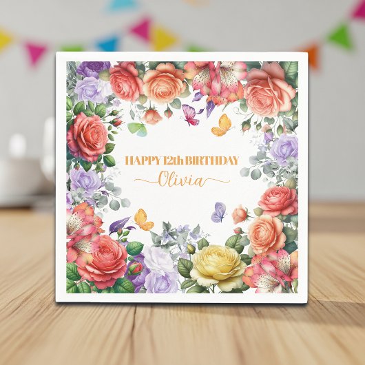Elegante Bunte Blumen 12. Geburtstagsfeier Serviette