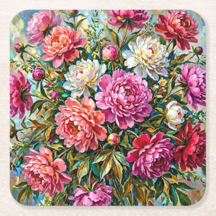 Elegante bunte gemalte Pfingstrosenblumen Rechteckiger Pappuntersetzer