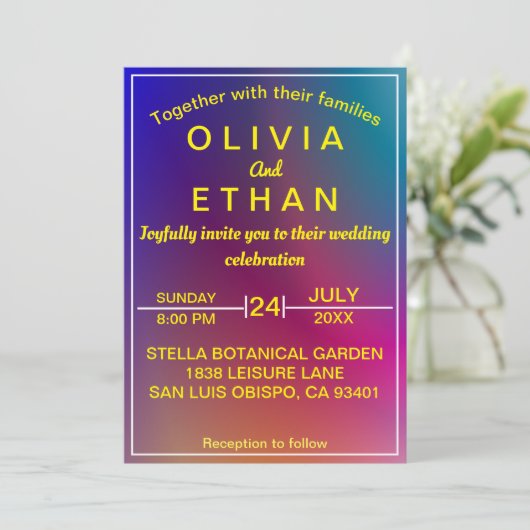 Elegante bunte Neonfarben Hochzeitsfeier Einladung (Stehend Vorderseite)