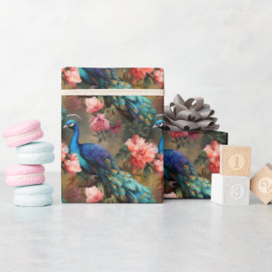Elegante bunte Pfauen & Blumen - Geschenkpapier