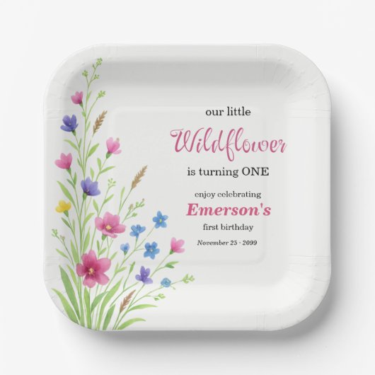 Elegante bunte Wildblumen-1. Geburtstagsfeier Pappteller (Vorderseite)