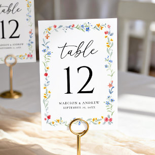 Elegante Bunte Wildblumen-Wiesen-Hochzeit Tischnummer
