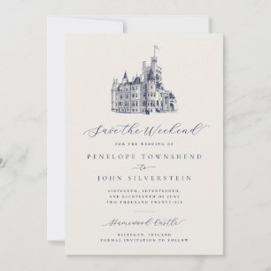 Elegante Burg-Illustration Elfenbein-Wochenend-Hoc Save The Date