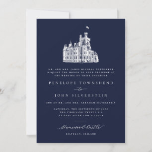 Elegante Burg-Illustration Navy Formale Hochzeit  Einladung