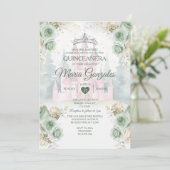 Elegante Burg Sage Grüne Prinzessin Quinceañera Einladung (Stehend Vorderseite)