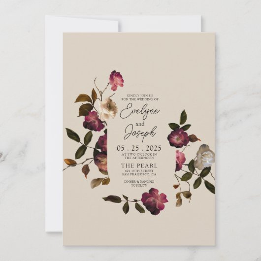 Elegante Burgund Blume Boho Chic Moderne Hochzeit Einladung (Vorderseite)