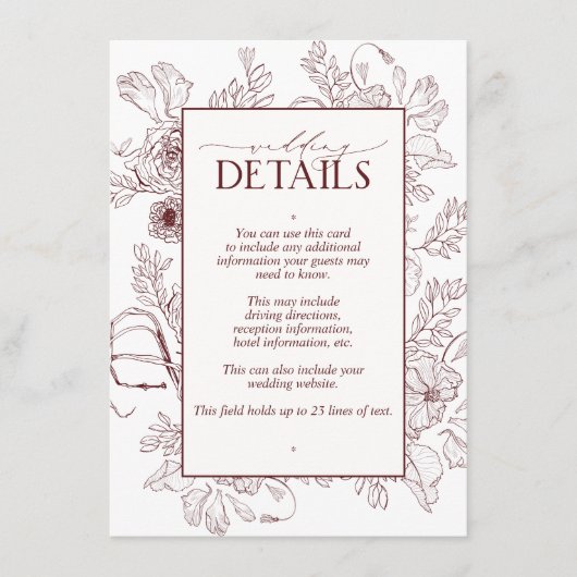 Elegante Burgund Blumenstrasse Details zur Hochzei Begleitkarte (Vorderseite)