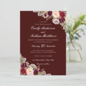 Elegante Burgund Blumenzelt Einladung zur Hochzeit (Stehend Vorderseite)