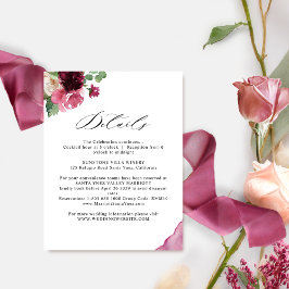 Elegante Burgund Blush Pink Hochzeitdetails Begleitkarte