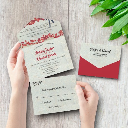 Elegante Burgund Country Floral Rustikale Hochzeit All In One Einladung