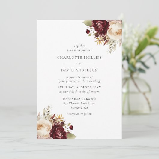 Elegante Burgund Elfenbeinküste Rustikale Blumenho Einladung (Stehend Vorderseite)