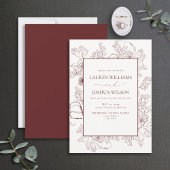 Elegante Burgund Floral Line Art Wedding Einladung