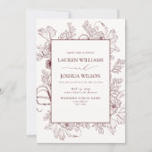 Elegante Burgund Floral Line Art Wedding Einladung (Vorderseite)