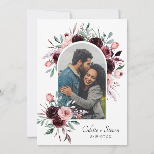 Elegante Burgund-Foto-Hochzeit Einladung (Rückseite)