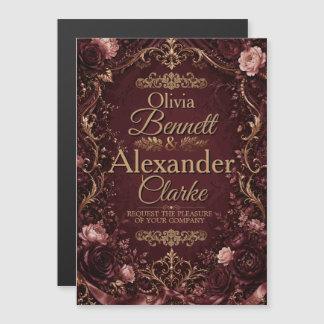 Elegante Burgund Gold Blumen Hochzeit Vintage Magneteinladung