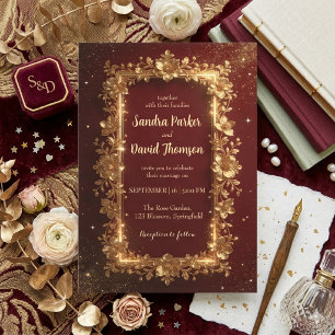 Elegante Burgund & Gold Blumenrahmen Hochzeit Einladung