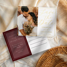 Elegante Burgund & Gold-Foto Save-the-Date-Hochzei