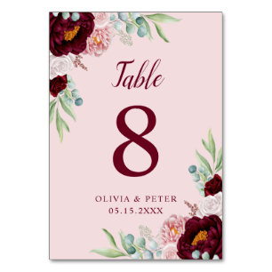 Elegante, Burgund Marsala Pink Wasserfarbe Blume Tischnummer