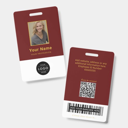Elegante Burgund QR-Code Universitäts-ID Barcode Ausweis (Vorder- & Rückseite)